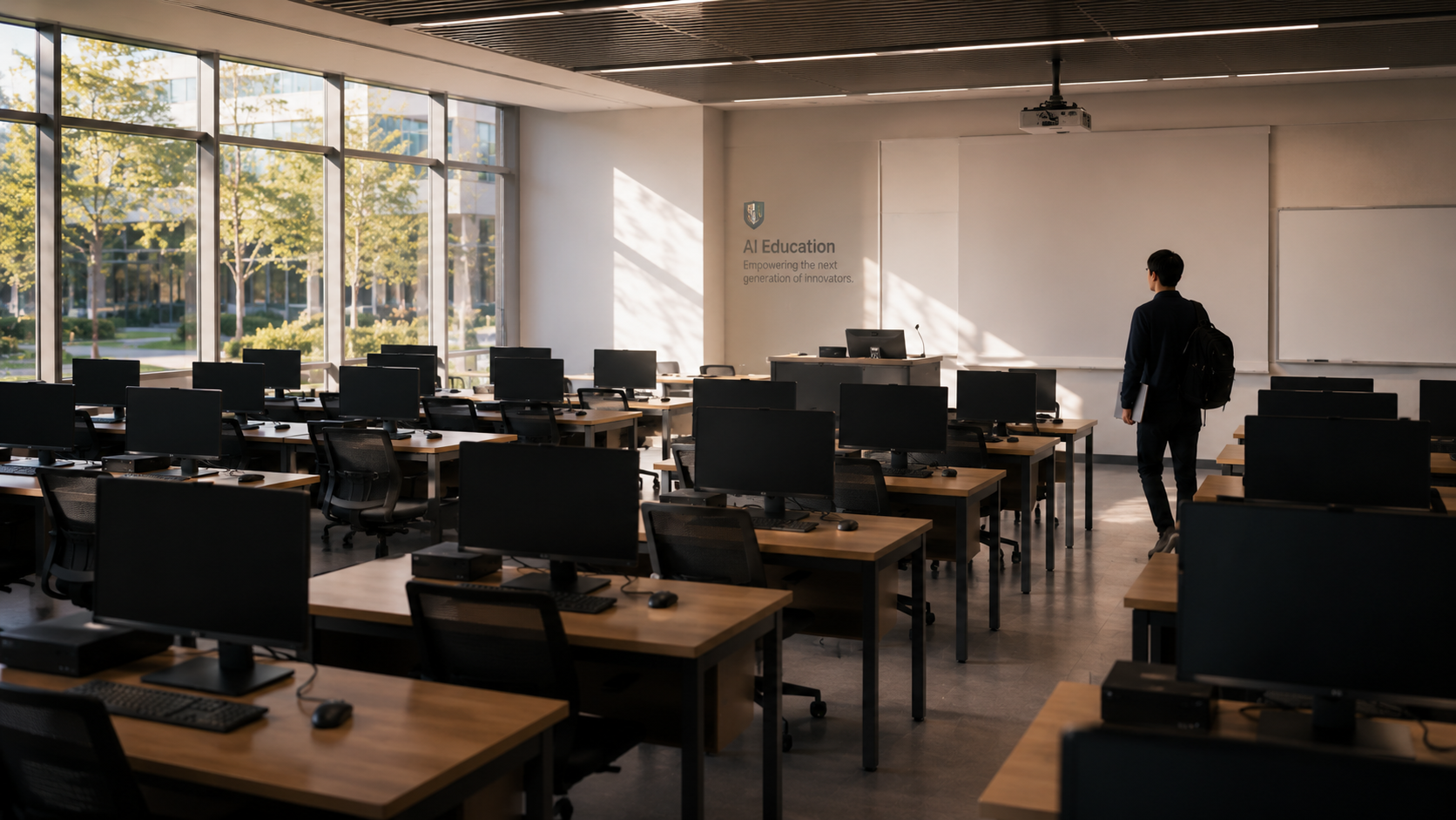 An AI Education computer classroom between sessions — rows of workstations ready at every desk, daylight from the window wall, and a student with a backpack arriving for the next lab