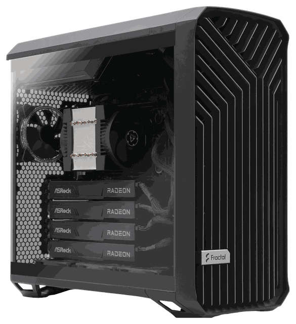 4-GPU AI Workstation — tower build with four ASRock Radeon GPUs