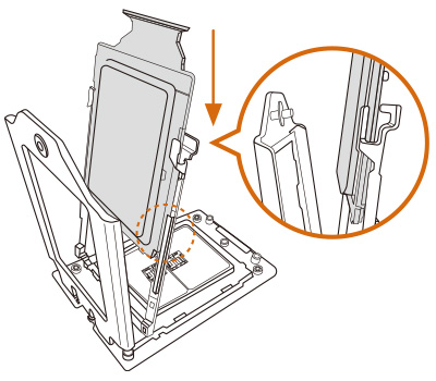 Install CPU along with the orange carrier frame, do not separate them. Please make sure the carrier frame with CPU is closely attached to the rail frame while inserting it.
