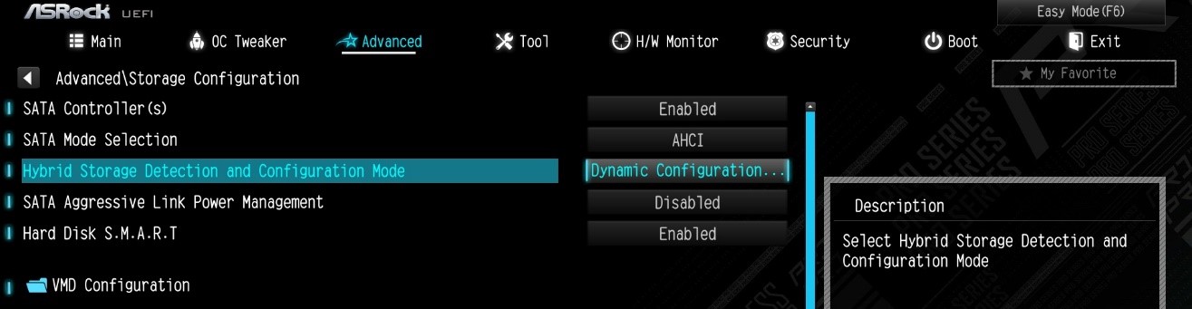 Enable the Hybrid Storage Detection and Configuration Mode in BIOS and press 