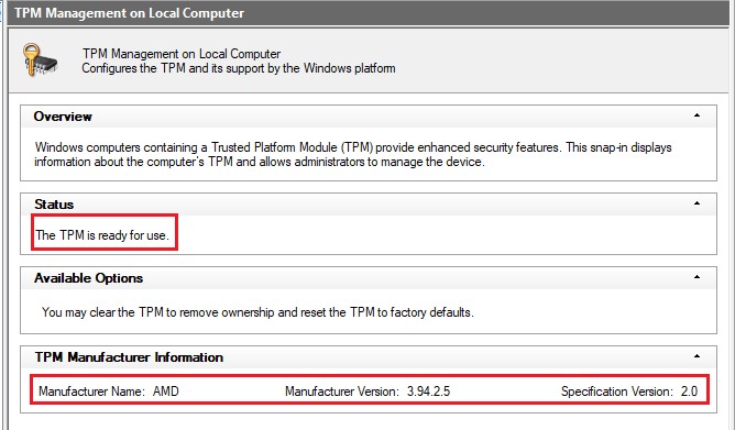 You can check the TPM status and the TPM firmware version in the window. 